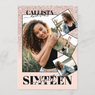 Rosa ros Guld Glitter, fyra foto 16 Inbjudningar