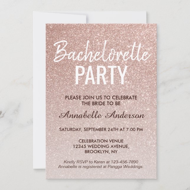 Rosa ros Guld Glitter Gnistra Bachelorette Party Inbjudningar (Framsida)
