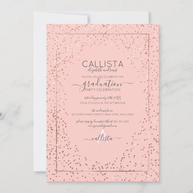Rosa ros Guld Glitter Konfetti Gräns Studenten i Inbjudningar (Framsida)