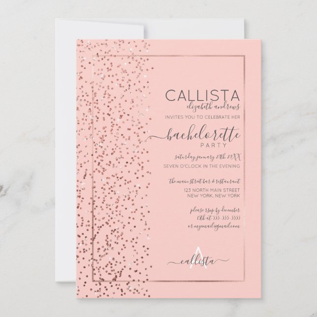 Rosa ros Guld Glitter Konfetti Side Bachelorette Inbjudningar (Framsida)