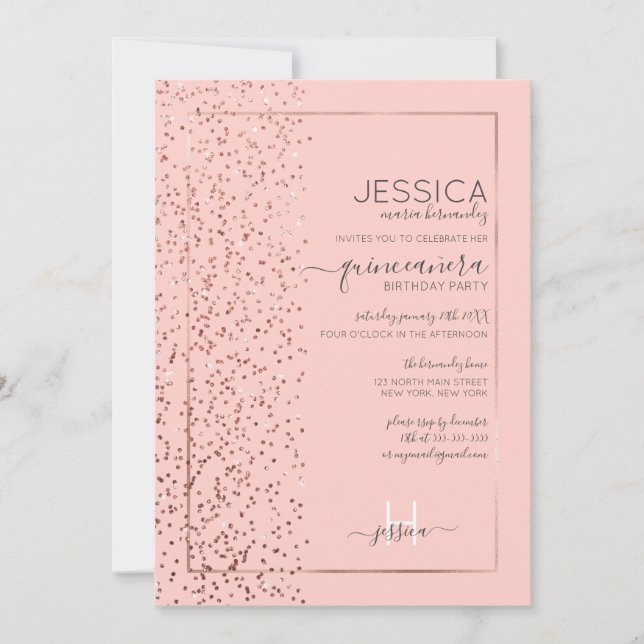 Rosa ros Guld Glitter Konfetti Side Quinceañera Inbjudningar (Framsida)