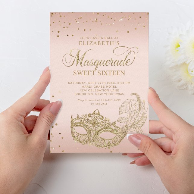  Rosa ros Guld Glitter Masqueravaret Sweet 16 Inbjudningar (Skapare uppladdad)