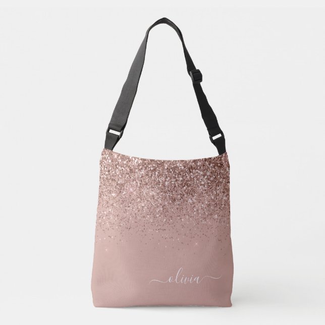  Rosa ros Guld Glitter Monogram Namn Axelväska (Framsida)