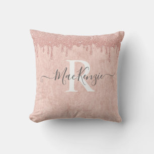 Rosa ros Guld Glitter Monogram Namn Dekorativ kudd Kudde