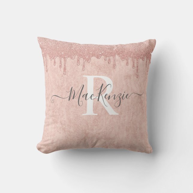 Rosa ros Guld Glitter Monogram Namn Dekorativ kudd Kudde (Framsida)