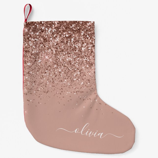  Rosa ros Guld Glitter Monogram Namn Liten Julstrumpa (Framsidan)