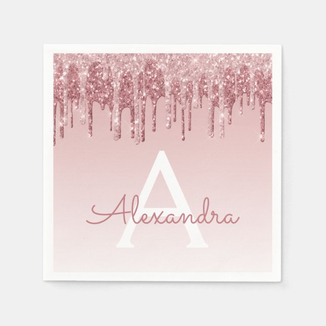 Rosa ros Guld Glitter och Gnistra Monogram födelse Pappersservett (Framsidan)