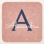 Rosa ros Guld Glitter och Gnistra Monogram födelse Underlägg Papper Kvadrat<br><div class="desc">Rosa - Ro Guld och marinblå faux Glitter och Gnistra Elegant Monogram Födelsedagsfest Underlägg . Dessa Underlägg för Födelsedagsfest,  Möhippa,  Bröllop eller Bachelorette Party kan anpassas så att de omfattar ditt första och första namn. Kontakta designern om du vill ha anpassade matchande objekt.</div>