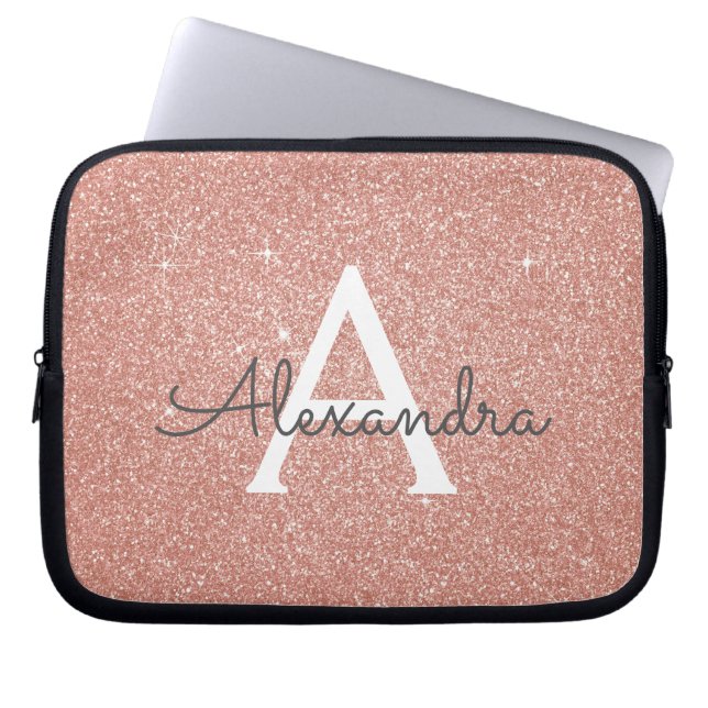 Rosa ros Guld Glitter och Gnistra Monogram Laptop Fodral (Framsidan)