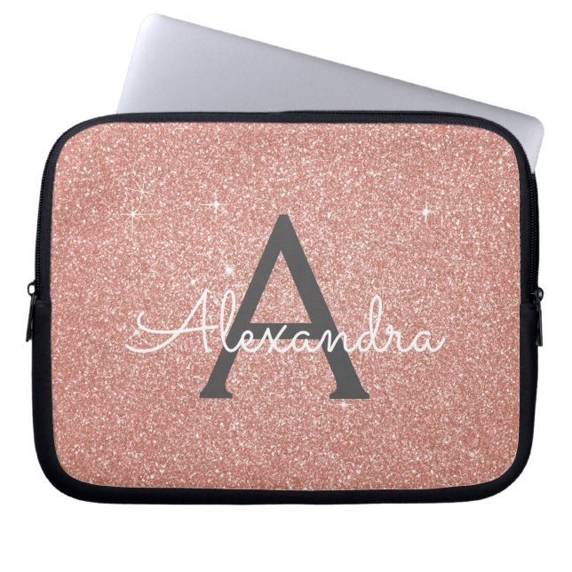 Rosa ros Guld Glitter och Gnistra Monogram Laptop Fodral (Framsidan)