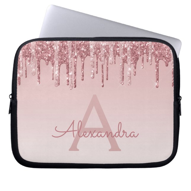 Rosa ros Guld Glitter och Gnistra Monogram Laptop Fodral (Framsidan)