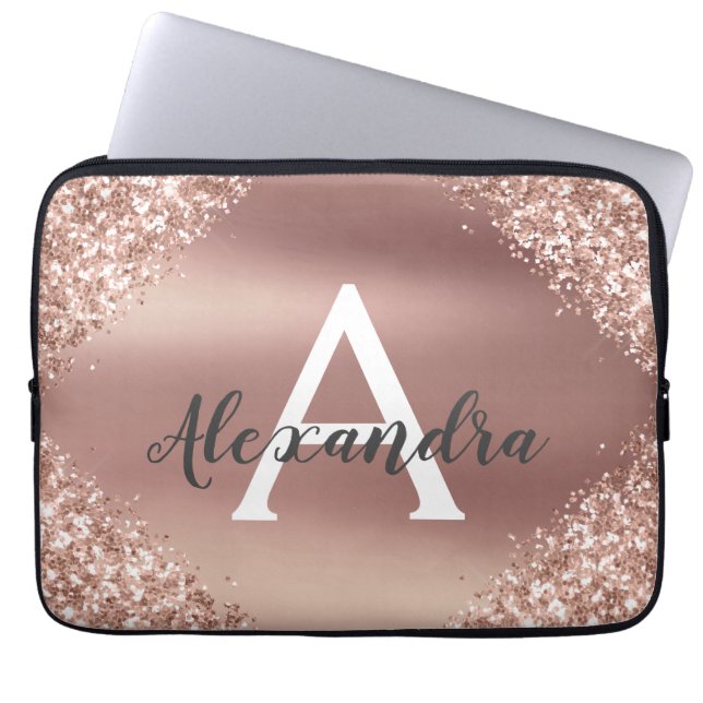 Rosa ros Guld Glitter och Gnistra Monogram Laptop Fodral (Framsidan)