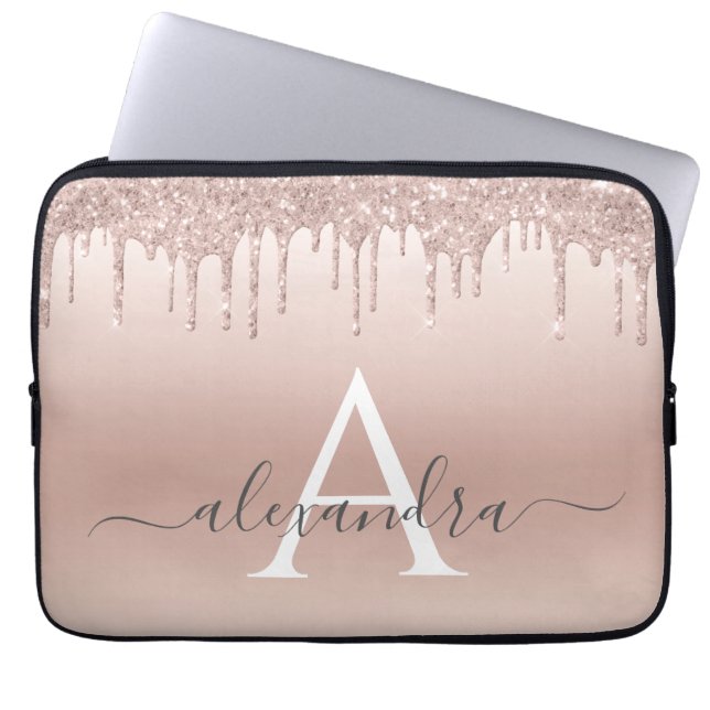 Rosa ros Guld Glitter och Gnistra Monogram Laptop Fodral (Framsidan)