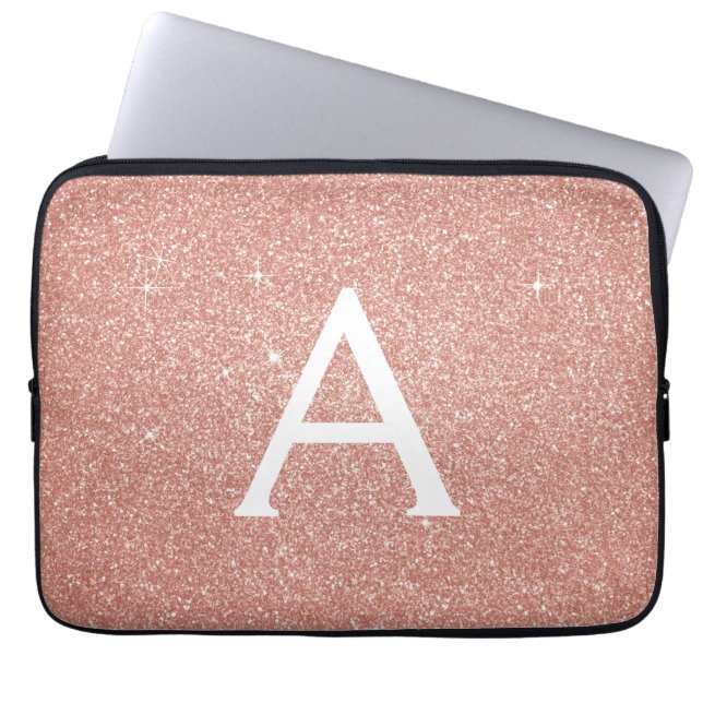 Rosa ros Guld Glitter och Gnistra Monogram Laptop Fodral (Framsidan)