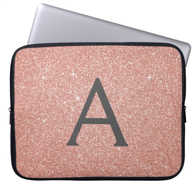 Rosa ros Guld Glitter och Gnistra Monogram Laptop Fodral (Framsidan)