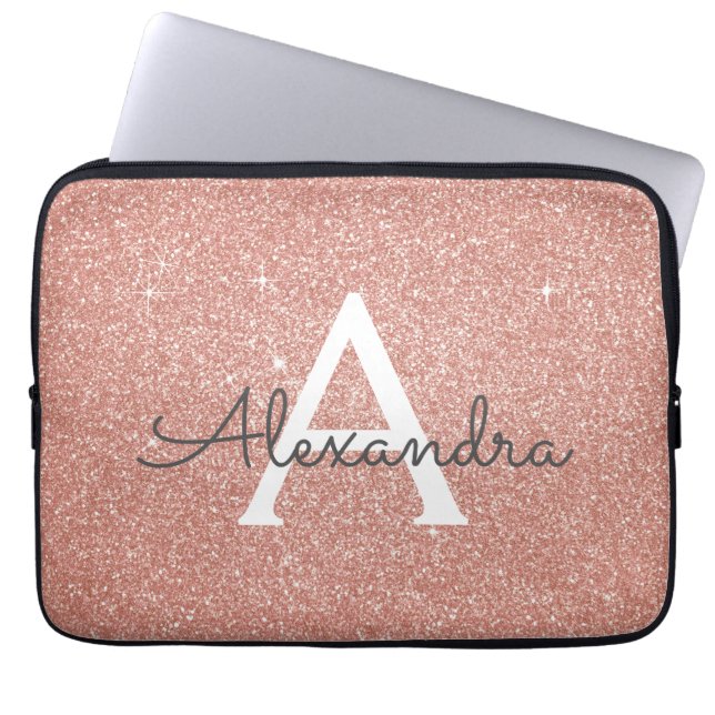 Rosa ros Guld Glitter och Gnistra Monogram Laptop Sleeve (Framsidan)