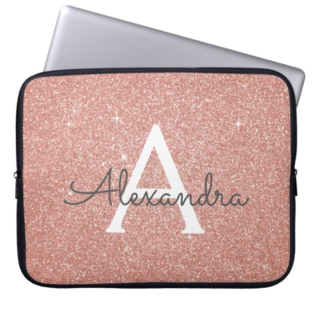 Rosa ros Guld Glitter och Gnistra Monogram Laptop Sleeve (Framsidan)