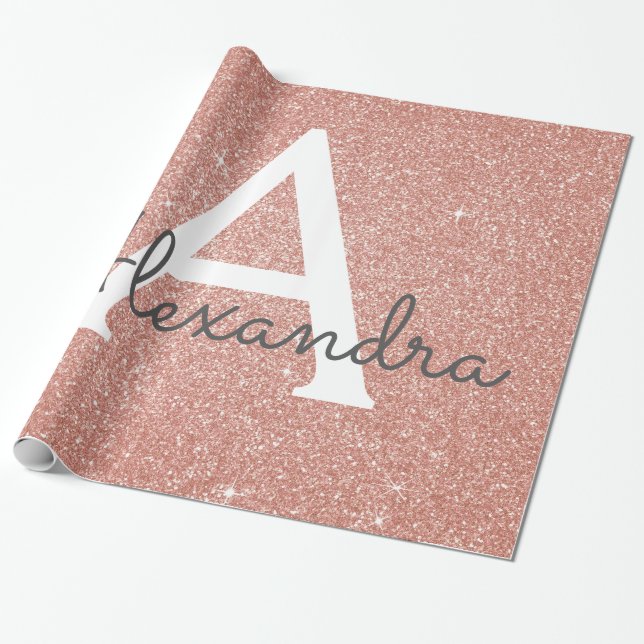 Rosa ros Guld Glitter och Gnistra Monogram Presentpapper (Utrullad)