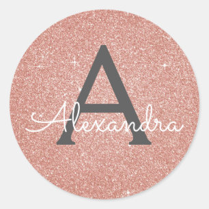 Rosa ros Guld Glitter och Gnistra Monogram Runt Klistermärke