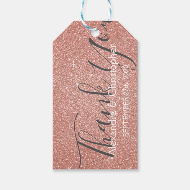 Rosa ros Guld Glitter och Gnistra Tack Presentetikett (Framsidan)