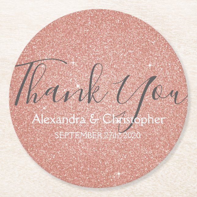 Rosa ros Guld Glitter och Gnistra Tack Underlägg Papper Rund (Framsidan)
