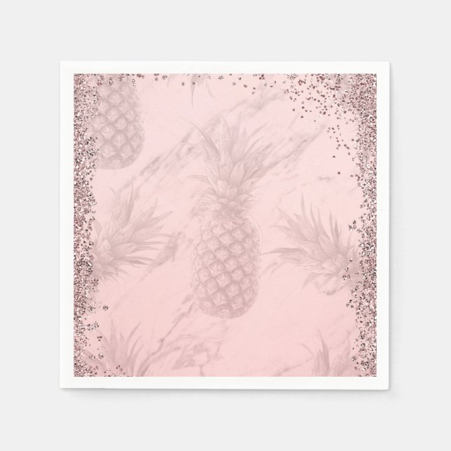 Rosa ros Guld Glitter Pineapple Tropical Party Pappersservett (Framsidan)