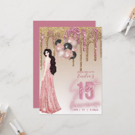 Rosa ros Guld Glitter Quinceanera Brunette Girl Inbjudningar