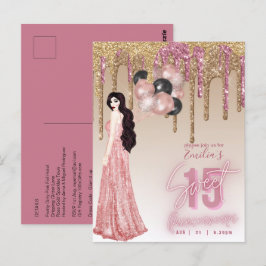 Rosa ros Guld Glitter Quinceanera Brunette Girl Vykort