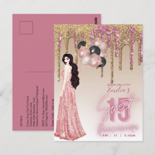 Rosa ros Guld Glitter Quinceanera Brunette Girl Vykort