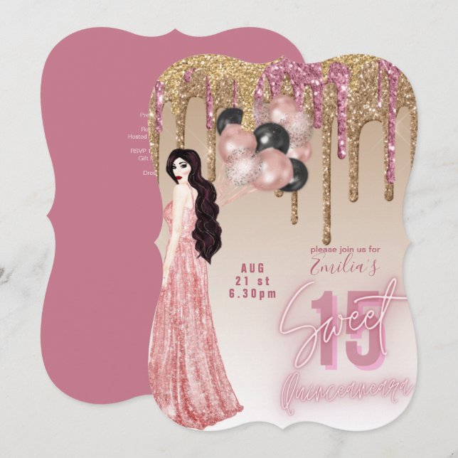 Rosa ros Guld Glitter Quinceanera Inbjudningar (Fram/baksida)
