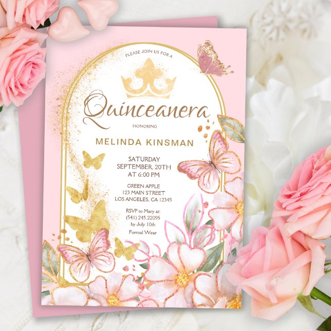  Rosa ros Guld Glitter | Quinceanera Party Inbjudningar (Skapare uppladdad)