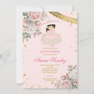 Rosa ros Guld Glitter Spansk flicka Quinceañera Inbjudningar