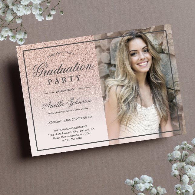 Rosa ros Guld Glitter Studentfest Inbjudningar (Rose Gold Graduation Party Invitation)