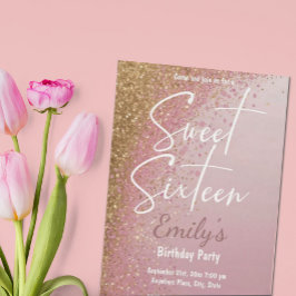 Rosa ros Guld Glitter Sweet sixteen Party Inbjudningar