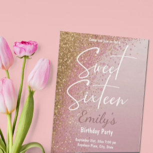 Rosa ros Guld Glitter Sweet sixteen Party Inbjudningar