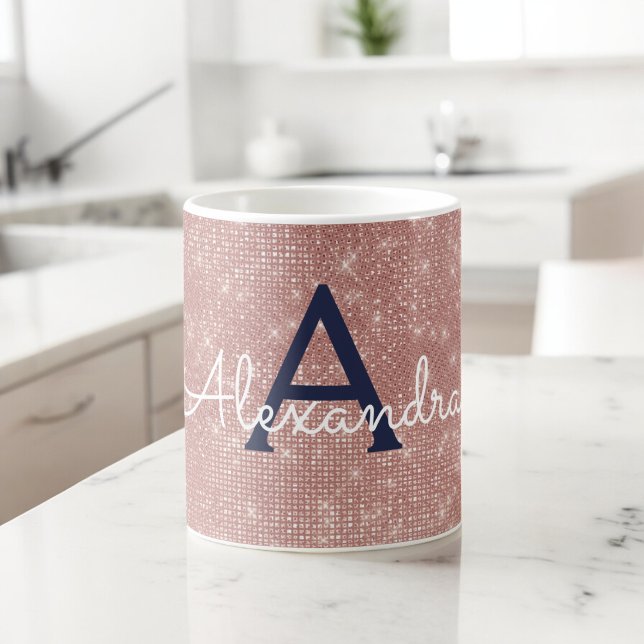 Rosa ros Guld Gnistra Bling Monogram Namn Kaffemugg (Skapare uppladdad)