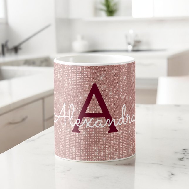 Rosa ros Guld Gnistra Bling Monogram Namn Kaffemugg (Skapare uppladdad)