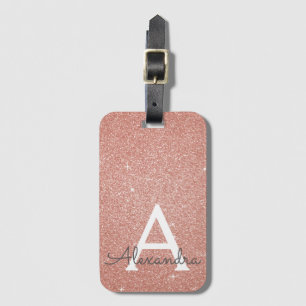 Rosa ros Guld Gnistra Glitter Monogram Namn Bagagebricka