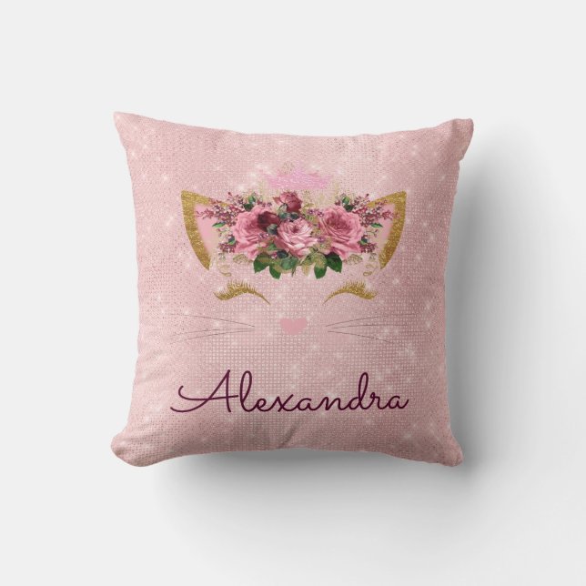 Rosa ros Guld Gnistra Kattunge Monogram rumsdekora Kudde (Framsida)