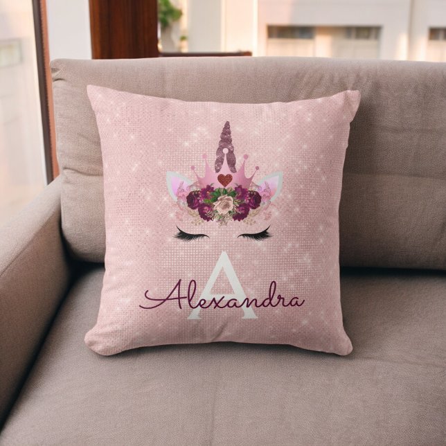 Rosa ros Guld Gnistra Unicorn Monogram Room Decor Kudde (Skapare uppladdad)