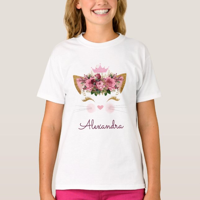 Rosa ros Guld Kattunge Monogram födelsedag T Shirt (Framsida)