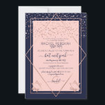 Rosa ros Guld Konfetti Gräns Bat mitzvah Inbjudningar<br><div class="desc">Denna elegant och moderna Bat mitzvah inbjudan är idealisk för ett klassligt och formellt evenemang. Den har en faux tryckt glatt konfekt från ro guld glitter som sprinkled över en tunn geometrisk diamant och rektangulär gräns med en marin blå tjockt gräns under och rosa bredvid ro guld stjärnor från David....</div>