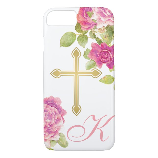 Rosa ros Guld Kor Monogrammed Blommigt Christian Case-Mate iPhone Skal (Baksida)