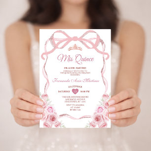 Rosa ros Guld Krona Blommigt Bow Ribbon Mis Quince Inbjudningar