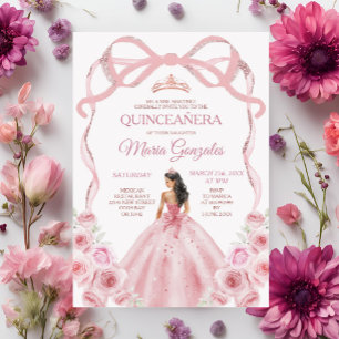 Rosa ros Guld Krona Bow Princess Girl Girl Quincea Inbjudningar