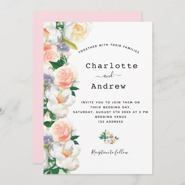  rosa ros-guld-lush-blommigtar, vita bröllop inbjudningar (Fram/baksida)