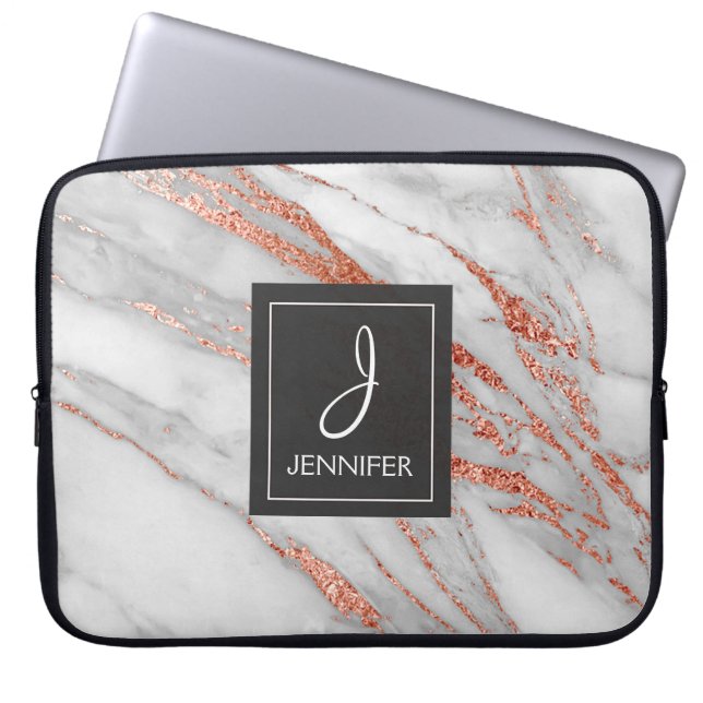 Rosa ros Guld Marble Elegant Monogram Laptop Fodral (Framsidan)