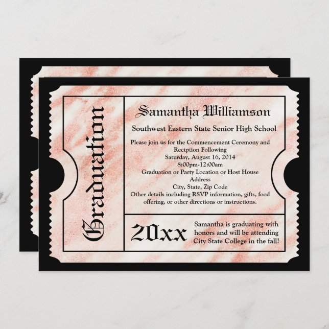 Rosa ros Guld Marble Modern Studenten Biljett Inbjudningar (Fram/baksida)