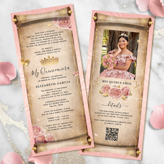  Rosa ros Guld Mis Quince Photo Rulla Inbjudningar (Elegant gold and blush pink rose quinceanera scroll invitation cards for your fairytale birthday.)