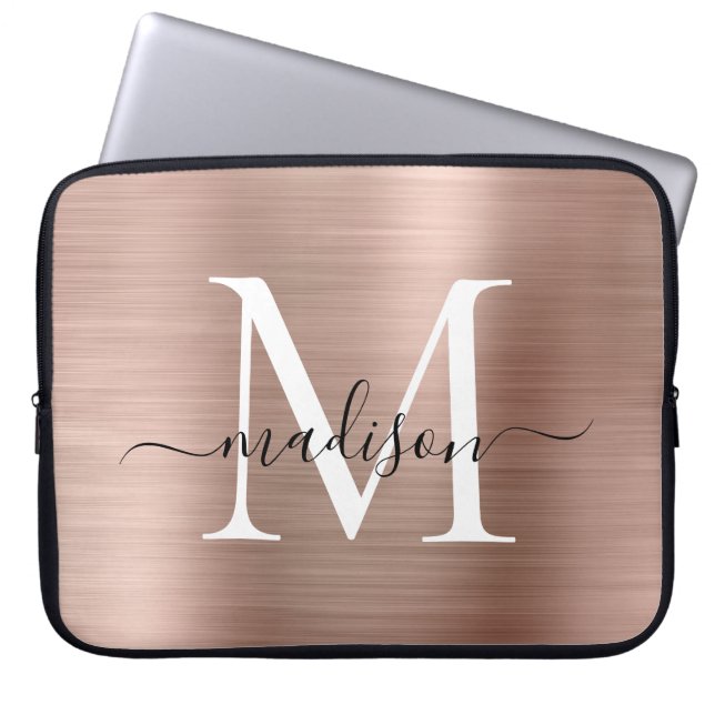 Rosa ros Guld Monogram Girly-skript Brygdelat Meta Laptop Fodral (Framsidan)